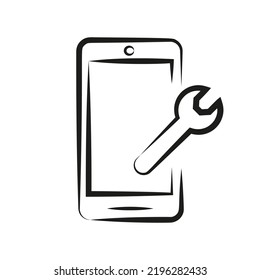 Fix mobile phones with wrench doodle icon. Vector isolated illustration of smart phone.