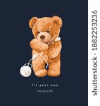 fix problems slogan with bear doll holding knitting needle illustration