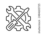 Fix service tools, wrench and screwdriver, repair instruments, simple line icon. Gears logo line black icon collections. Wheel cogwheel vector.