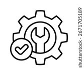 Fix service tools, wrench and screwdriver, repair instruments, mark, checkmark, simple icon. Gears logo line black icon collections. Wheel cogwheel vector. Free installation label product design.