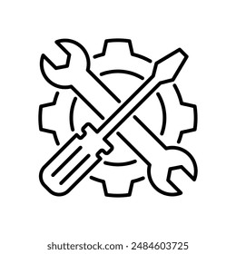 Fix service tools, wrench and screwdriver, repair instruments, simple line icon. Gears logo line black icon collections. Wheel cogwheel vector.