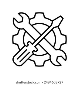 Fije las herramientas de servicio, llave y destornillador, instrumentos de reparación, icono de línea simple. Colecciones de iconos negros de la línea del logotipo de Gears. Vector de rueda dentada.