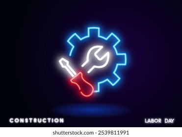 Fijar herramientas de servicio, llave y destornillador, instrumentos de reparación, icono de línea simple. Colecciones de iconos negros de la línea del logotipo de Gears. Vector de rueda dentada.