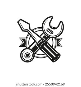 Fix service tools, wrench and screwdriver, repair instruments, simple line icon. Gears logo line black icon collections. Wheel cogwheel vector.