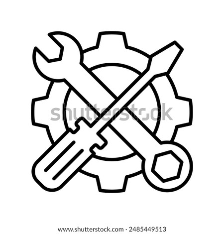 Fix service tools, wrench and screwdriver, repair instruments, simple line icon. Gears logo line black icon collections. Wheel cogwheel vector.