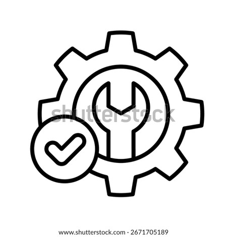 Fix service tools, wrench and screwdriver, repair instruments, mark, checkmark, simple icon. Gears logo line black icon collections. Wheel cogwheel vector. Free installation label product design.