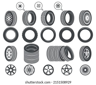 Fix tire icons. Automotive raining summer and winter changing wheels work signs, fixing service wheel disk tires pictograms, vector illustration