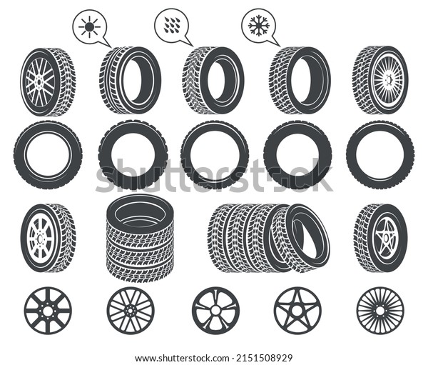 Fix tire icons. Automotive raining summer\
and winter changing wheels work signs, fixing service wheel disk\
tires pictograms, vector\
illustration