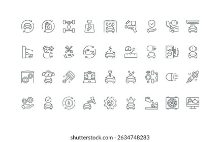 Fix vehicle problem in workshop outline symbols vector illustration. Car maintenance and repair service, auto shop, insurance line icon set. Auto service, Car garage icon set.