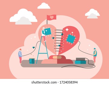 Arregla tu corazón. Tres hombres cogen dos pedazos de corazón.
 Corazón roto. ilustración de amor.