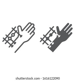 Fixation joints surgery line and glyph icon, medical and equipment, hand surgery sign, vector graphics, a linear pattern on a white background, eps 10.