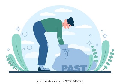 Fixation on the past concept. Character can't let go their past and memories. Burden of the past doesn't allow to move forward. Time flow fear. Flat vector illustration