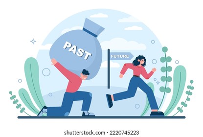 Fixation on the past concept. Character can't let go their past and memories. Burden of the past doesn't allow to move forward. Time flow fear. Flat vector illustration