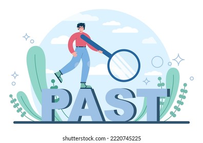 Fixation on the past concept. Character can't let go their past and memories. Burden of the past doesn't allow to move forward. Time flow fear. Flat vector illustration