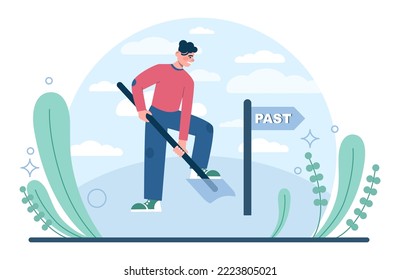 Fixation on the past concept. Character can't let go their past and memories. Burden of the past doesn't allow to move forward. Time flow fear. Flat vector illustration