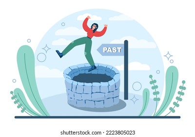 Fixation on the past concept. Character can't let go their past and memories. Burden of the past doesn't allow to move forward. Time flow fear. Flat vector illustration