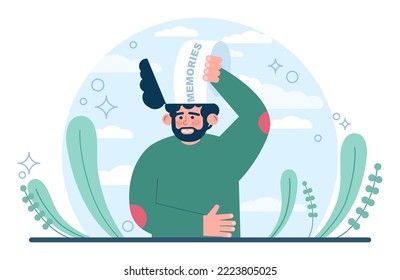 Fixation on the past concept. Character can't let go their past and memories. Burden of the past doesn't allow to move forward. Time flow fear. Flat vector illustration