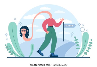 Fixation on the past concept. Character can't let go their past and memories. Burden of the past doesn't allow to move forward. Time flow fear. Flat vector illustration