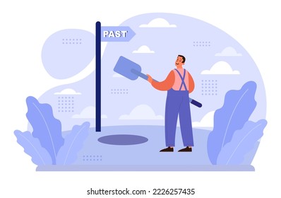 Fixation on the past concept. Character can't let go their past and memories. Burden of the past doesn't allow to move forward. Time flow fear. Flat vector illustration