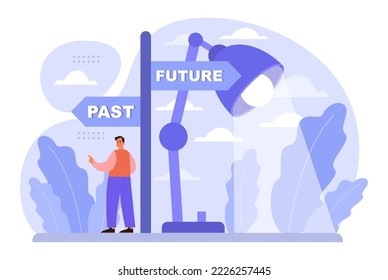 Fixation on the past concept. Character can't let go their past and memories. Burden of the past doesn't allow to move forward. Time flow fear. Flat vector illustration