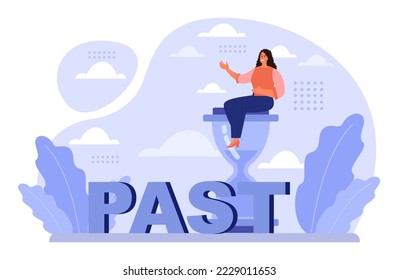 Fixation on the past concept. Character can't let go their past and memories. Burden of the past doesn't allow to move forward. Time flow fear. Flat vector illustration