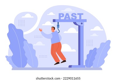 Fixation on the past concept. Character can't let go their past and memories. Burden of the past doesn't allow to move forward. Time flow fear. Flat vector illustration