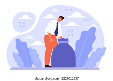 Fixation on the past concept. Character can't let go their past and memories. Burden of the past doesn't allow to move forward. Time flow fear. Flat vector illustration