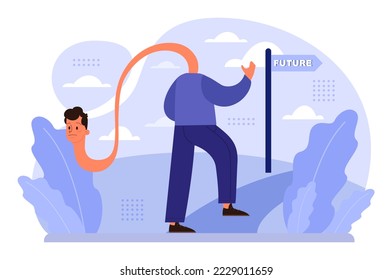 Fixation on the past concept. Character can't let go their past and memories. Burden of the past doesn't allow to move forward. Time flow fear. Flat vector illustration