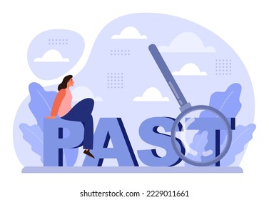 Fixation on the past concept. Character can't let go their past and memories. Burden of the past doesn't allow to move forward. Time flow fear. Flat vector illustration