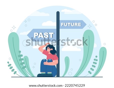 Fixation on the past concept. Character can't let go their past and memories. Burden of the past doesn't allow to move forward. Time flow fear. Flat vector illustration