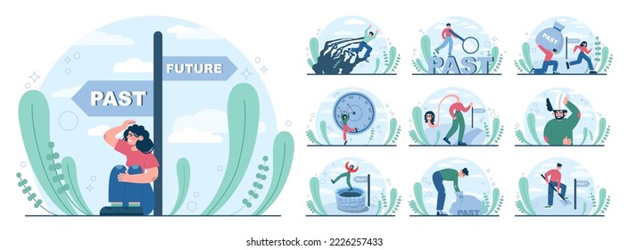 Fixation on the past concept set. Character can't let go their past and memories. Burden of the past doesn't allow to move forward. Time flow fear. Flat vector illustration