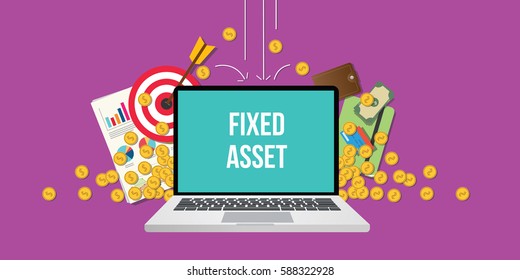 Fixed Asset Concept Illustration With Laptop Text On Screen Gold Coin Money Falling Down With Goals Graph Chart Paperwork As Background