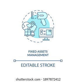 Icono de concepto de gestión de activos fijos. Ilustración de línea delgada de idea de tipo AM. Seguimiento y mantenimiento del capital físico de la organización. Dibujo de color RGB con contorno aislado del vector. Trazo editable