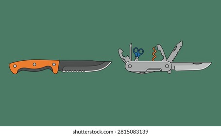 Fixed blade survival knife with an orange handle and unfolded multi-tool pocket knife on a dark green background.