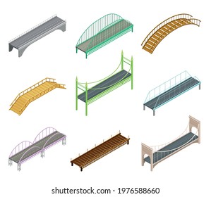 Fixed Bridges Made of Wood or Metal with Beam and Arch Bridge Isometric Vector Set