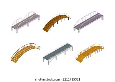 Fixed Bridges Made Of Wood And Metal With Beam And Arch Bridge Isometric Vector Set