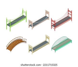 Fixed Bridges Made Of Wood And Metal With Beam And Arch Bridge Isometric Vector Set