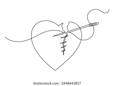 Fixed broken heart. The heart is sewn with a thread and a needle. Continuous line drawing.