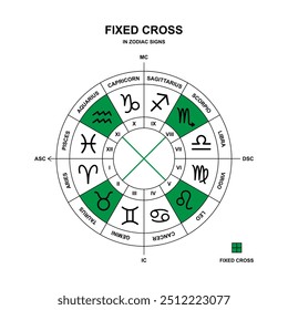 Fixed cross on the zodiac wheel. Zodiac signs Taurus, Leo, Scorpio, Aquarius. Astrological cross symbols. Vector illustration.