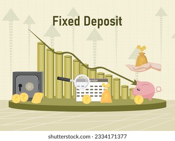 Fixed Deposit Interest Rate Falling Illustration with Bar Graph Arrow Going Down and Set of Icons of Money Bank, Money bag, lens, locker, calendar, Indian rupee Coins