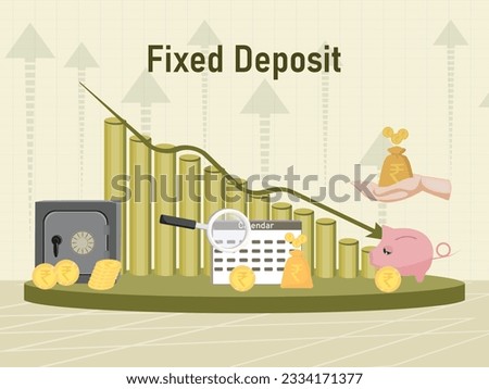 Fixed Deposit Interest Rate Falling Illustration with Bar Graph Arrow Going Down and Set of Icons of Money Bank, Money bag, lens, locker, calendar, Indian rupee Coins