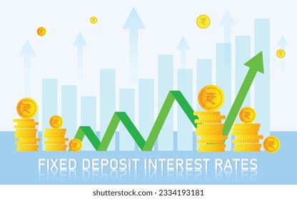 Fixed Deposit Interest Rates Growth Illustration with Increasing Arrow and Bar Graph - Indian Economy Growth Concept with Stack of Rupee Coins 