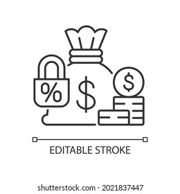 Fixed deposit linear icon. Low-risk financial instrument. Bag with cash and locked percent. Thin line customizable illustration. Contour symbol. Vector isolated outline drawing. Editable stroke