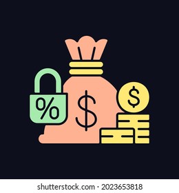 Fixed deposit RGB color icon for dark theme. Low-risk financial instrument. Bag sack and locked percent. Isolated vector illustration on night mode background. Simple filled line drawing on black