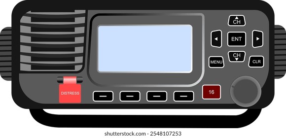 Radio VHF DSC fija. Perfil frontal de una radio VHF fija, típica de las que se encuentran en los barcos. Ilustración vectorial aislada.