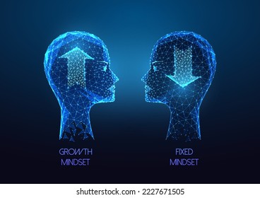 Fixed and growth mindset concept in futuristic glowing low polygonal style on dark blue background. Two human heads with arrows up and down. Modern abstract connection design vector illustration.