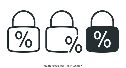 Tarifa alta fija, candado con icono de porcentaje. Vector de ilustración