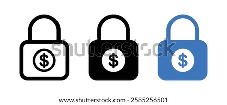 Fixed income, Lock dollar money icon set. Price Stability and Budget Lock Icons. Fixed Income and Economic Assurance Symbols with padlock and dollar symbol. Vector illustration.