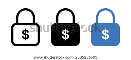 Fixed income, Lock dollar money icon set. Price Stability and Budget Lock Icons. Fixed Income and Economic Assurance Symbols with padlock and dollar symbol. Vector illustration.