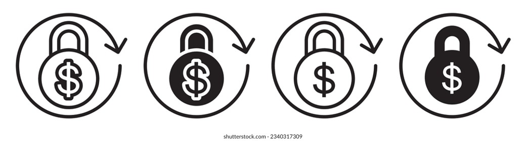 Fixed Income symbol Icon. Vector sign of return on fix investment or lock the money in bank for safe. Secure fund in saving account in bank. Dollar sign with padlock web app ui mark